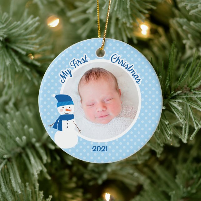 Adorno De Cerámica Niño Nieve azul primera foto de Navidad (Árbol)