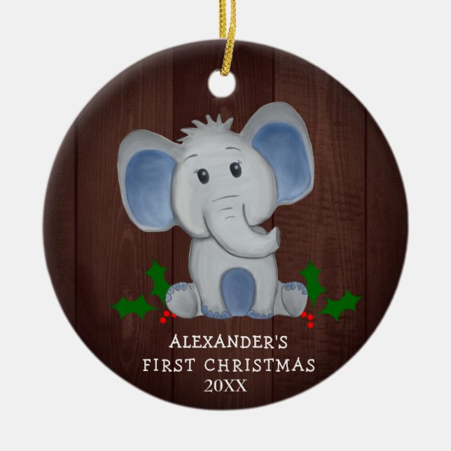 Adorno De Cerámica Niño pequeño elefante primera foto de Navidad (Frente)