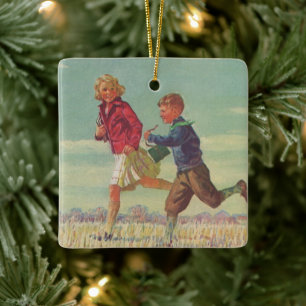 Adorno De Cerámica Niños antiguos corriendo a la escuela llevando lib