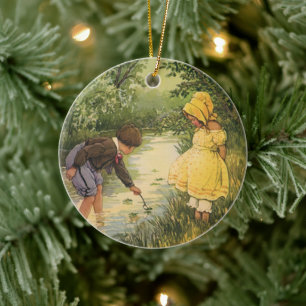 Adorno De Cerámica Niños Antiguos, Niño y Niña Jugando junto al Arroy