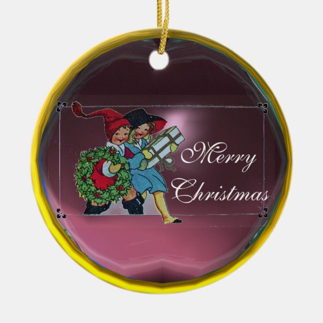 ADORNO DE CERÁMICA NIÑOS CON REGALOS DE NAVIDAD (Frente)