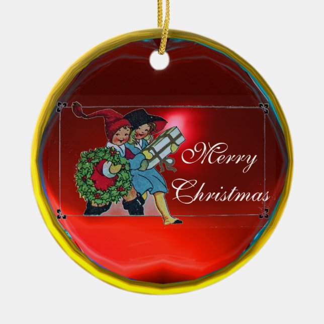 ADORNO DE CERÁMICA NIÑOS CON REGALOS DE NAVIDAD (Frente)