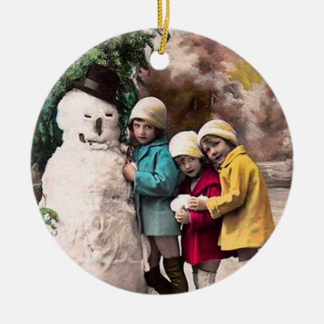ADORNO DE CERÁMICA NIÑOS CON SNOWMAN (Frente)