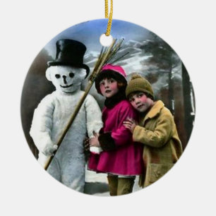 ADORNO DE CERÁMICA NIÑOS CON SNOWMAN