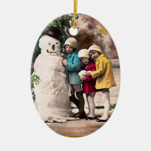 ADORNO DE CERÁMICA NIÑOS CON SNOWMAN