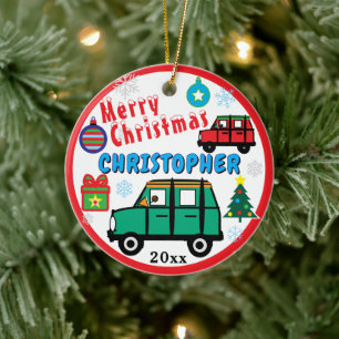 Adorno De Cerámica Niños de Navidad FOTO Nombre Verde Rojo Coches