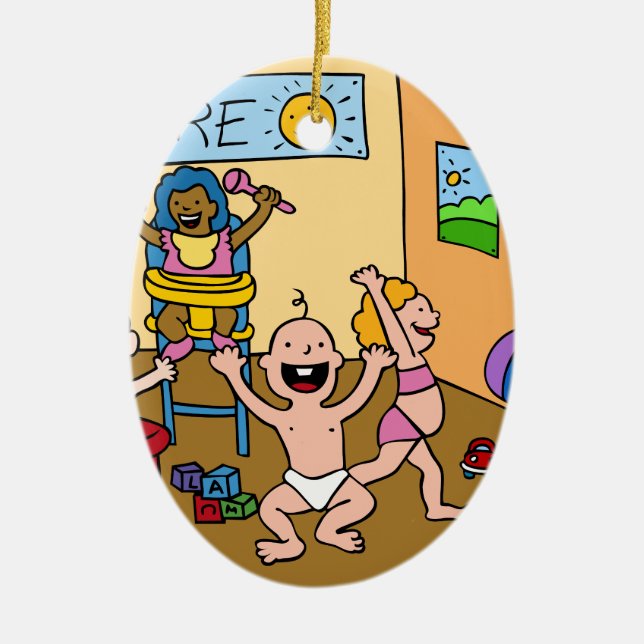 Adorno De Cerámica Niños en un dibujo animado del centro de guardería (Frente)