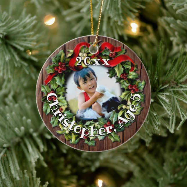 Adorno De Cerámica Niños Foto Holly Wreath Keepsake Family (Árbol)