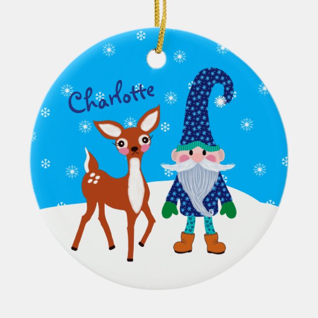 Adorno De Cerámica Niños Navidades de Gnome Azules de Deer (Frente)