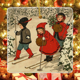 Adorno De Cerámica Niños vintage patinando a través de un bosque neva