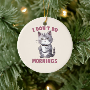 Adorno De Cerámica No hago mañanas - Gato gris con café