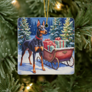Adorno De Cerámica Noble Doberman Custodiando Trineo de Navidad Invie