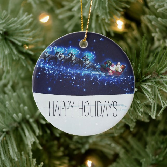 Adorno De Cerámica Noche azul con Santa Claus, reno y Sleigh (Árbol)