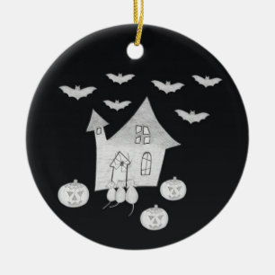 Adorno De Cerámica Noche de Halloween con Casa Embrujada, Murciélagos