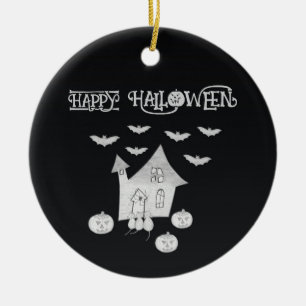Adorno De Cerámica Noche de Halloween con Casa Embrujada, Murciélagos