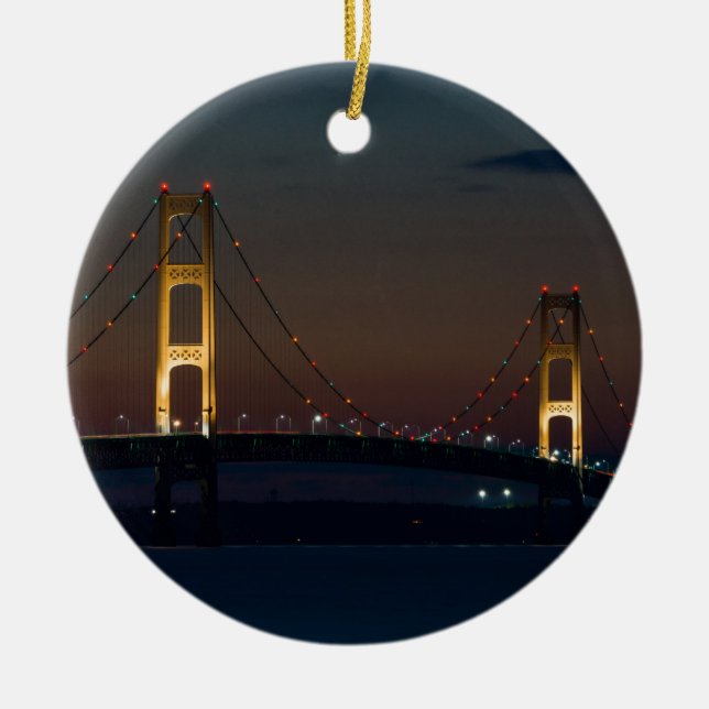 Adorno De Cerámica Noche En El Puente Mackinac (Frente)