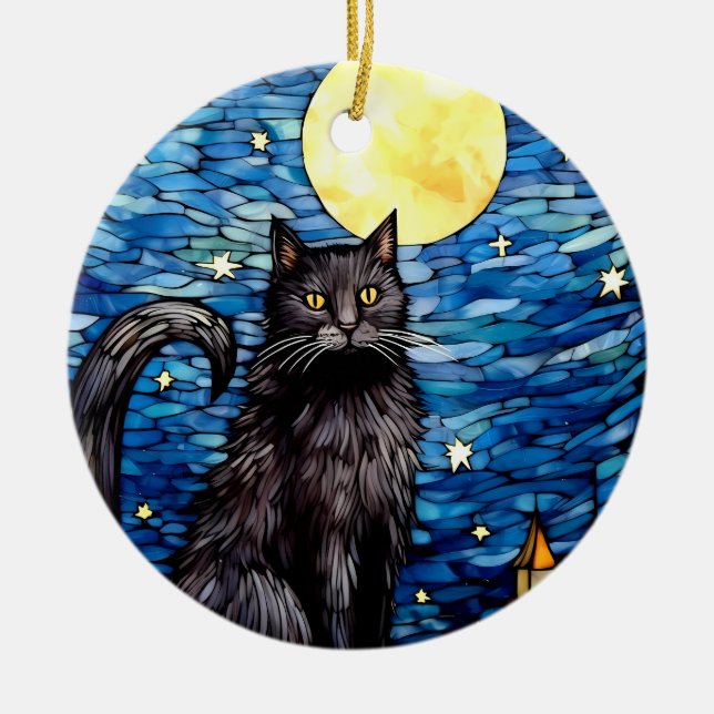 Adorno De Cerámica Noche estrellada de gato negro de vidrio manchado (Frente)