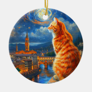 Adorno De Cerámica Noche estrellada sobre Florencia Arte de gato ro