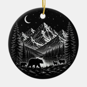 Adorno De Cerámica Noche Salvaje de Montaña Mística Estilo Linocut