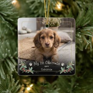 Adorno De Cerámica Nombre Año Primera Navidad Perro Nuevo Acebo