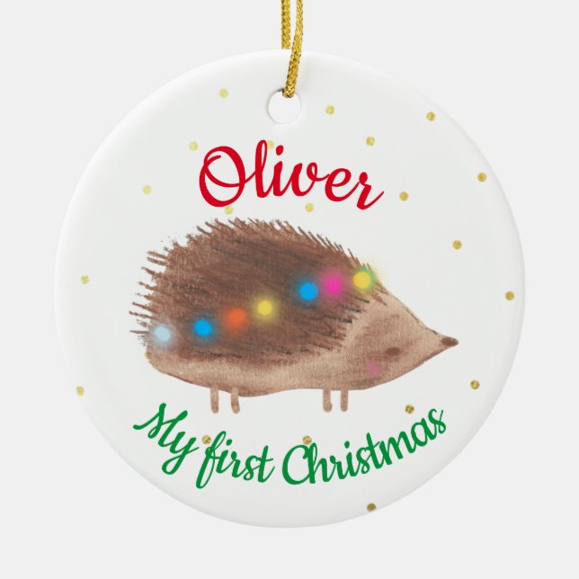 Adorno De Cerámica Nombre Cute Hedgehog Bebé Primera Navidad (Frente)