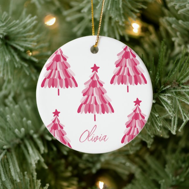 Adorno De Cerámica Nombre de árbol de Navidad rosa personalizado (Árbol)