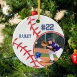 Adorno De Cerámica Nombre de béisbol Número de Jersey Foto Keepsake<br><div class="desc">Este diseño presenta un fondo de béisbol con espacio para un nombre, número y foto. Haga clic en el botón personalizar para obtener más flexibilidad al ajustar el texto. Las variaciones de este diseño y los productos de coordinación están disponibles en nuestra tienda, zazzle.com/store/doodlelulu. Contáctenos si necesita este diseño aplicado...</div>