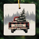 Adorno De Cerámica Nombre de familia del Personalizado de camión de N<br><div class="desc">¡Decorad los pasillos con nuestro adorno de camión de Navidades rojos retro de yeguas rojas! Personalizado con el nombre de su familia,  es el toque festivo perfecto para añadir encanto y nostalgia a su árbol de vacaciones esta temporada.</div>