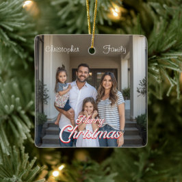 Adorno De Cerámica Nombre de familia personalizado y Navidad con foto