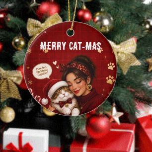 Adorno De Cerámica Nombre de foto de Navidad escarlata Cat-Mas alegre