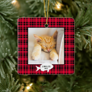 Adorno De Cerámica Nombre de gato de cuadros rojos festivos de Navida