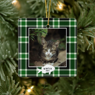 Adorno De Cerámica Nombre de gato de cuadros verdes festivos de Navid