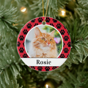 Adorno De Cerámica Nombre de gato rojo brillante con huella de garra 