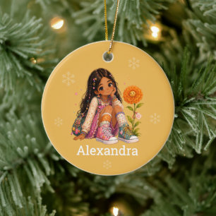 Adorno De Cerámica Nombre de niña de pelo negro personalizado