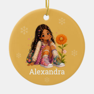 Adorno De Cerámica Nombre de niña de pelo negro personalizado