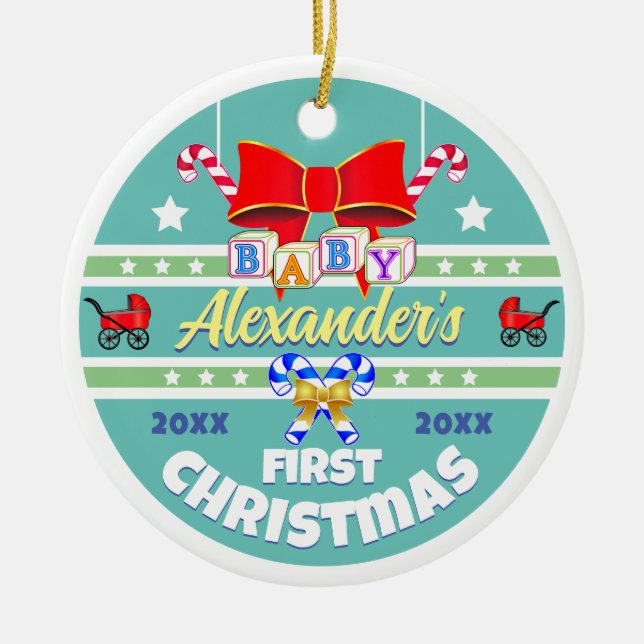 Adorno De Cerámica Nombre del bebé Primer Unisex de Navidad (Frente)