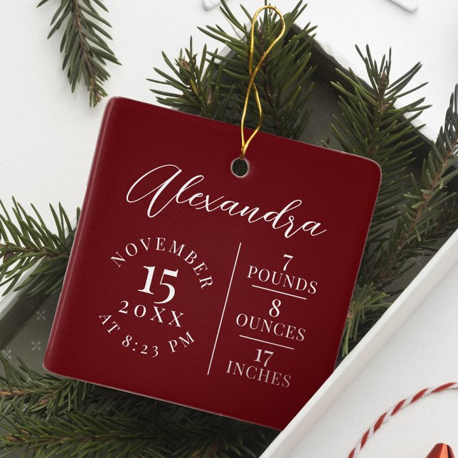 Adorno De Cerámica Nombre del bebé y estadísticas de nacimiento Foto  (Baby Name & Birth Stats Photo Burgundy Keepsake Ceramic Ornament)