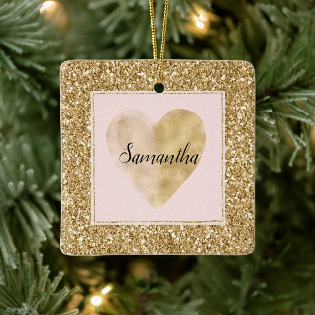 Adorno De Cerámica Nombre del corazón del Purpurina Glitz Gold (Árbol)