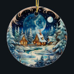 Adorno De Cerámica Nombre familiar Winter Wonderland Forest Personali<br><div class="desc">Presentamos nuestro encantador y caprichoso adorno de cabaña de árbol de nieve! Perfecto para celebrar las vacaciones, este adorable ornamento representa una gran luna llena en medio de un tranquilo bosque invernal con tres casas de campo. La atención exquisita a los detalles y los colores vivos hacen de este adorno...</div>