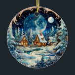 Adorno De Cerámica Nombre familiar Winter Wonderland Forest Personali<br><div class="desc">Presentamos nuestro encantador y caprichoso adorno de cabaña de árbol de nieve! Perfecto para celebrar las vacaciones, este adorable ornamento representa una gran luna llena en medio de un tranquilo bosque invernal con tres casas de campo. La atención exquisita a los detalles y los colores vivos hacen de este adorno...</div>