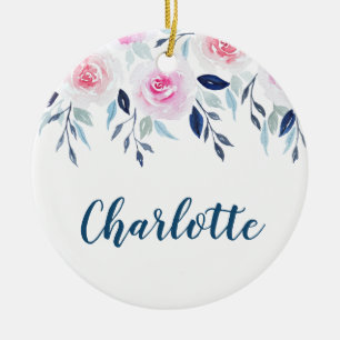 Adorno De Cerámica Nombre personalizado acuarela rosada floral de los