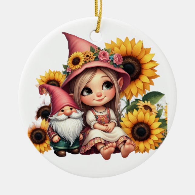 Adorno De Cerámica Nombre personalizado chica gnome girasoles (Frente)