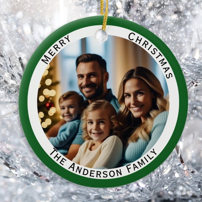 Adorno De Cerámica Nombre personalizado de Fotos de la Familia Feliz  (A personalized Christmas ornament with your own photo and name. A stylish and festive keepsake gift)