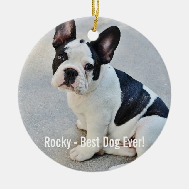 Adorno De Cerámica Nombre personalizado de la foto del bulldog y del (Frente)
