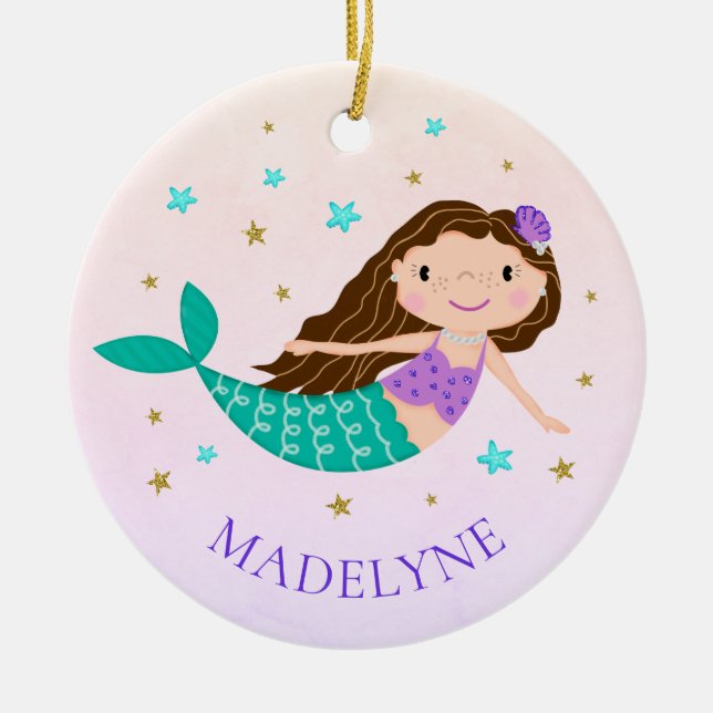 Adorno De Cerámica Nombre personalizado de Navidades de Sirena (Frente)