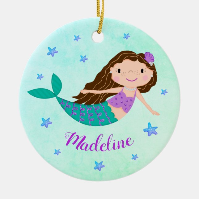 Adorno De Cerámica Nombre personalizado de Navidades de sirena morada (Frente)