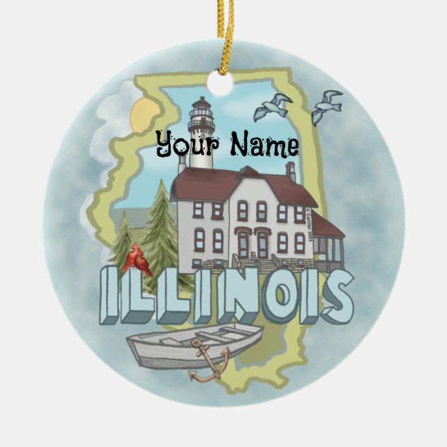Adorno De Cerámica Nombre personalizado del faro de Illinois (Frente)