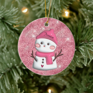 Adorno De Cerámica Nombre personalizado del muñeco de nieve rosado