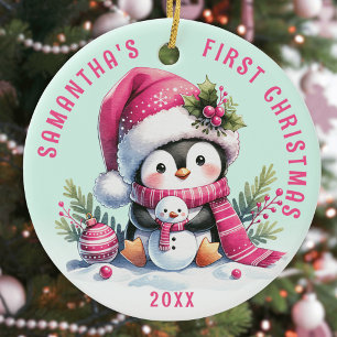 Adorno De Cerámica Nombre personalizado Diversión Pingüino Mint Pink 