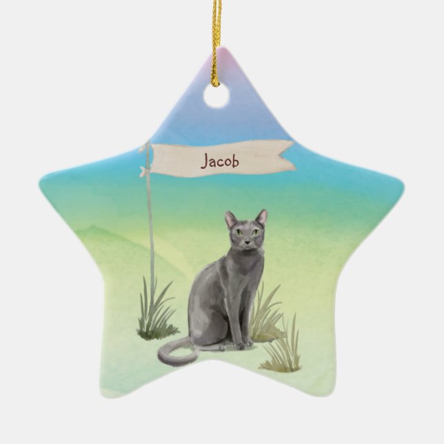 Adorno De Cerámica Nombre personalizado Mascota de gato ruso azul (Frente)